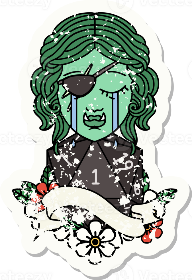 grunge sticker of a crying orc rogue character face with natural one d20 dice roll drawing png