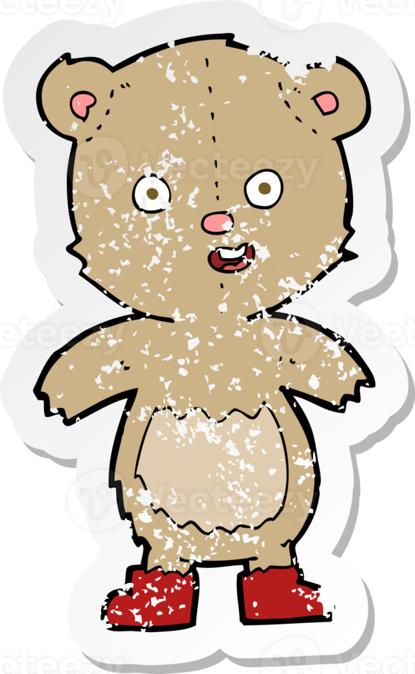 retro distressed sticker of a cartoon happy teddy bear in boots drawing png