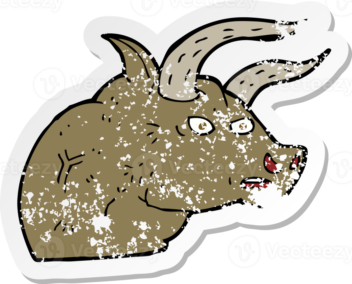 retro distressed sticker of a cartoon angry bull head drawing png