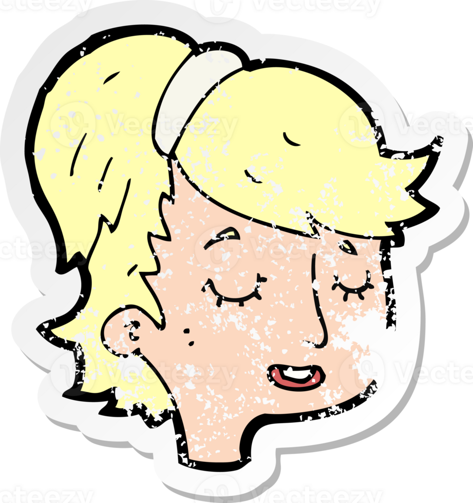 retro distressed sticker of a cartoon pretty female face drawing png