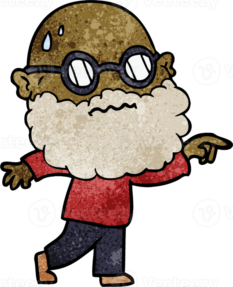 cartoon worried man with beard and spectacles pointing finger drawing png
