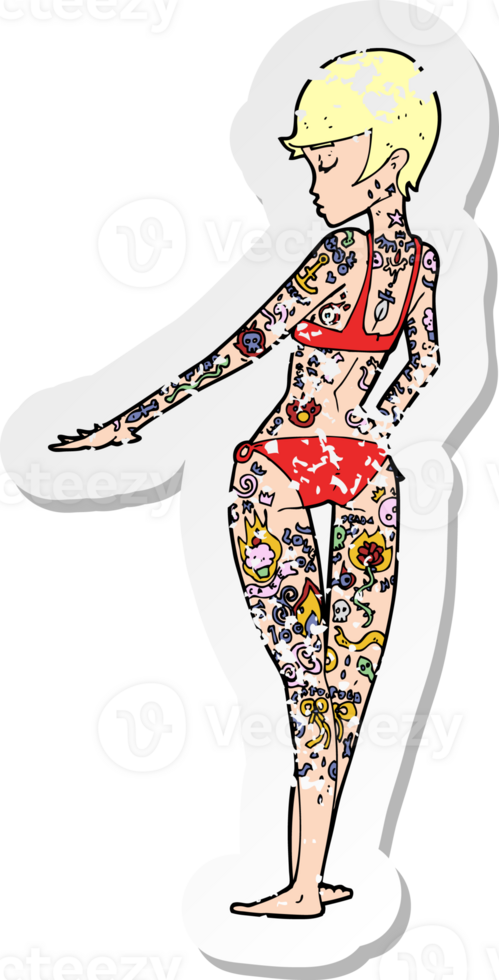 retro distressed sticker of a cartoon bikini girl covered in tattoos drawing png