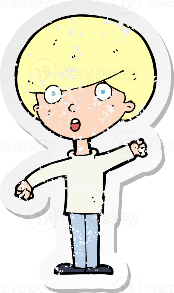 retro distressed sticker of a cartoon shocked boy drawing png
