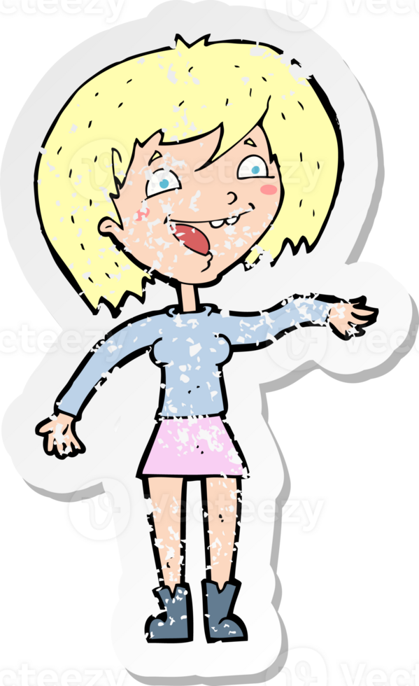 retro distressed sticker of a cartoon waving woman drawing png