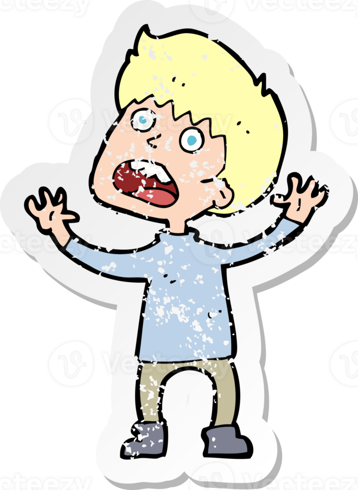 retro distressed sticker of a cartoon stressed boy drawing png