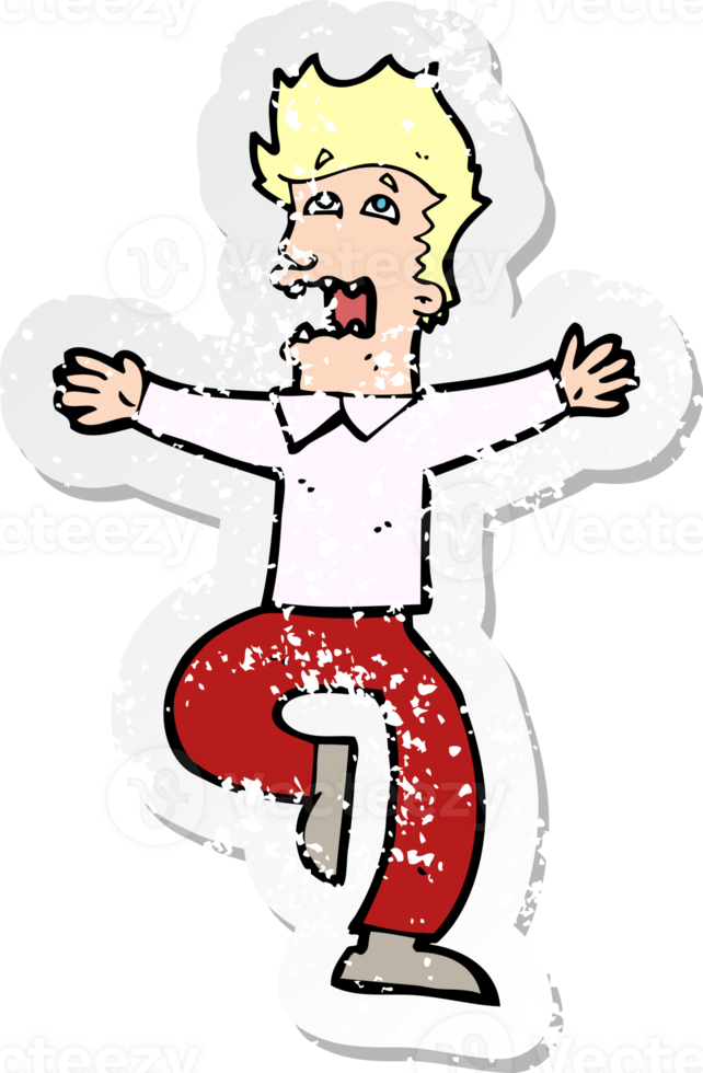 retro distressed sticker of a cartoon terrified man drawing png