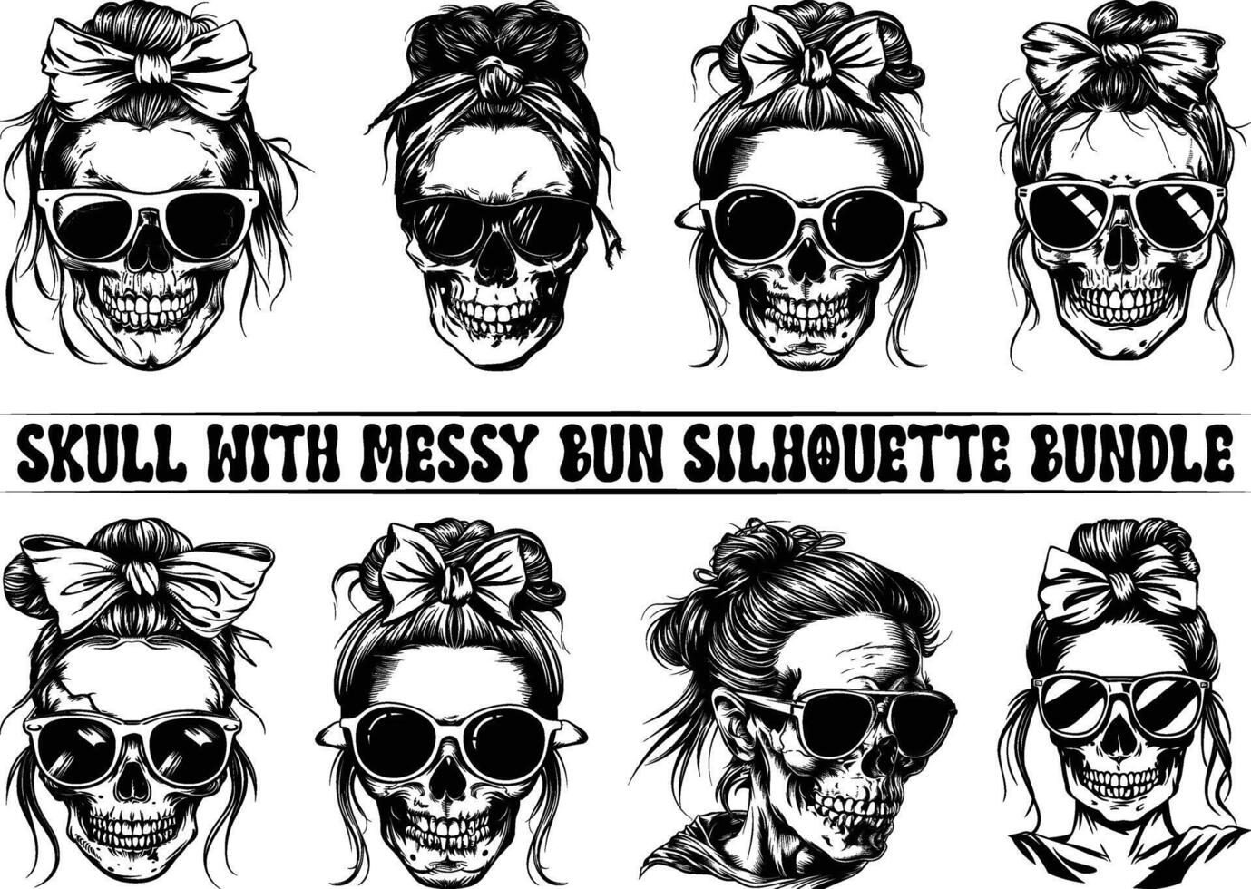 Skull with messy bun, wearing glasses and a bow on its head, Skull Mom Head design, female skulls in aviator glasses. Messy bun illustration. vector