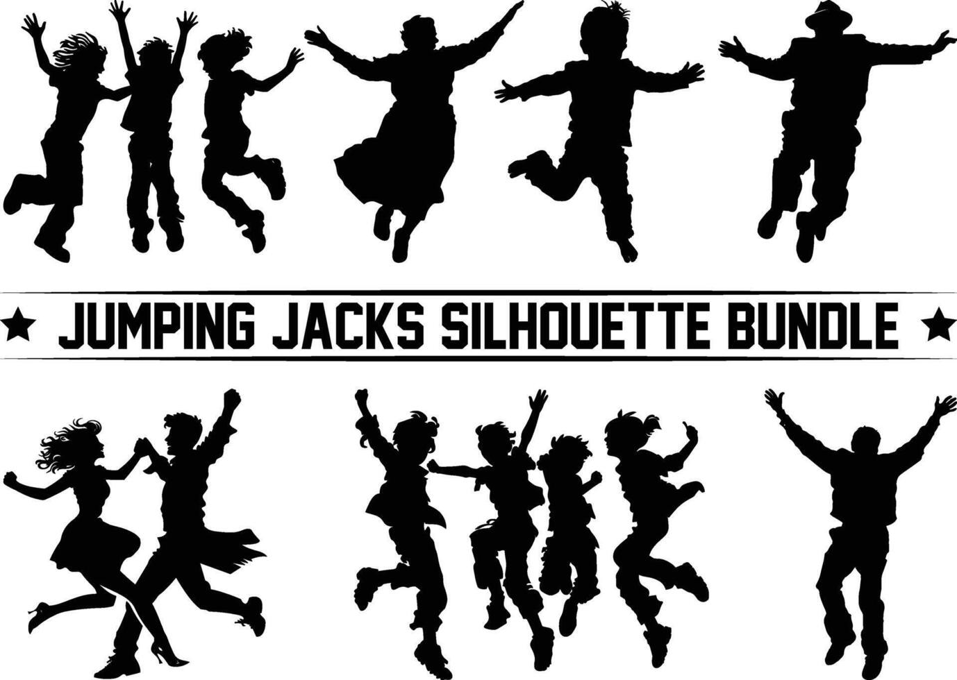 jumping jacks silhouette bundle, Silhouette of child jumping, silhouette of Jumping People set. vector