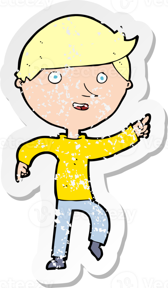 retro distressed sticker of a cartoon happy pointing drawing png