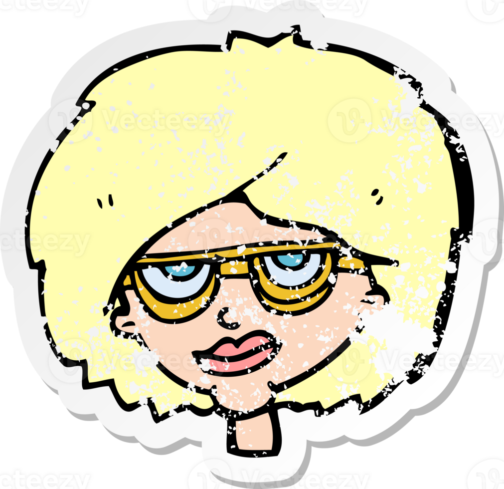 retro distressed sticker of a cartoon woman wearing spectacles drawing png