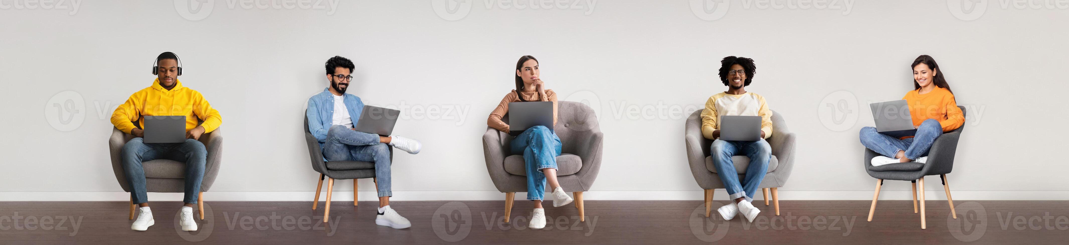 Freelancers. Collage With Five Happy Multiethnic Men And Women Using Laptops Sitting In Armchairs Over White Wall Indoor. Diverse Youth Browsing Internet, Working And Studying Online. Panorama photo
