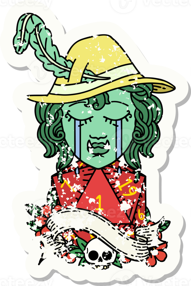 grunge sticker of a crying orc bard character with natural one D20 roll drawing png