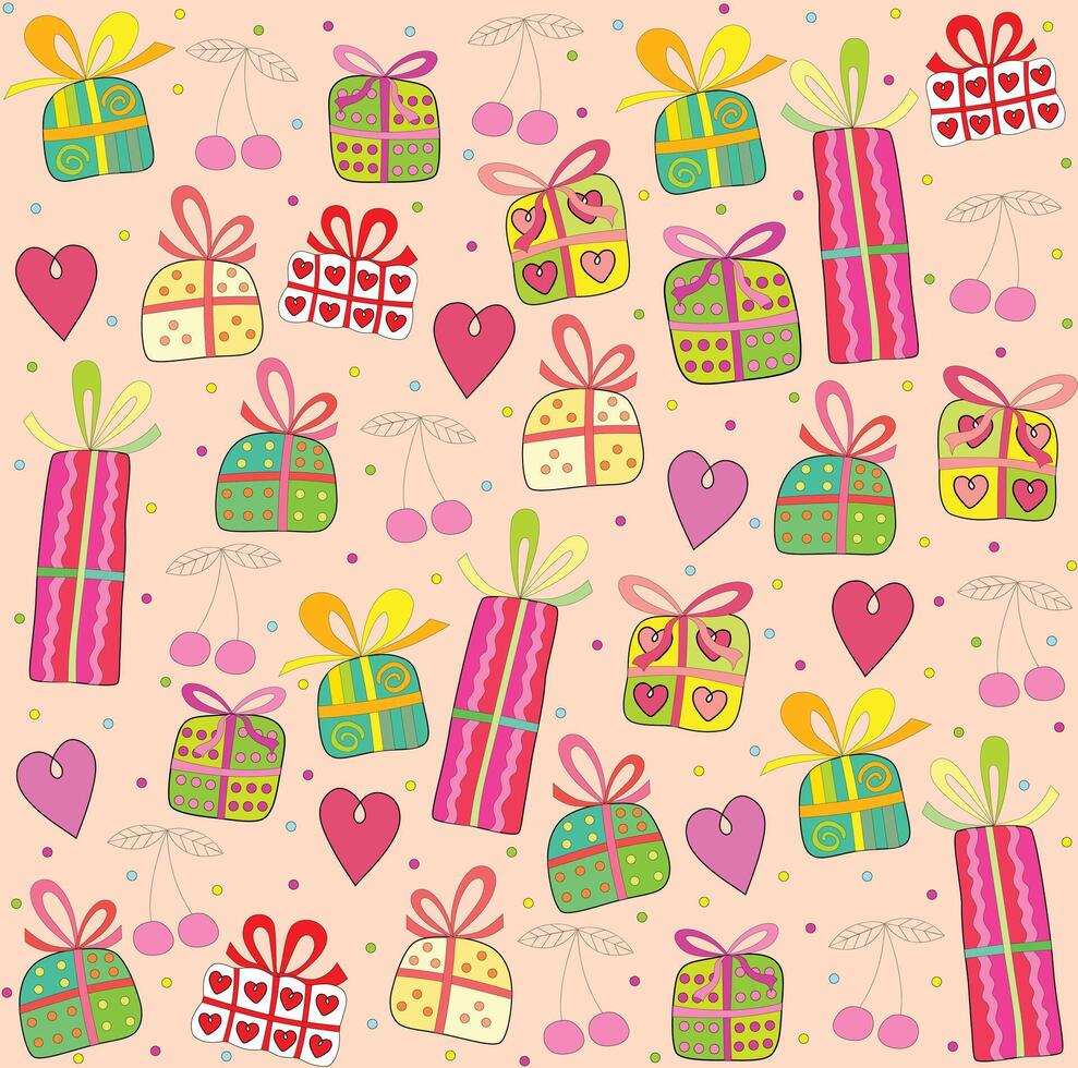 Gifts on a pink seamless background. Various colored gifts like elements. vector