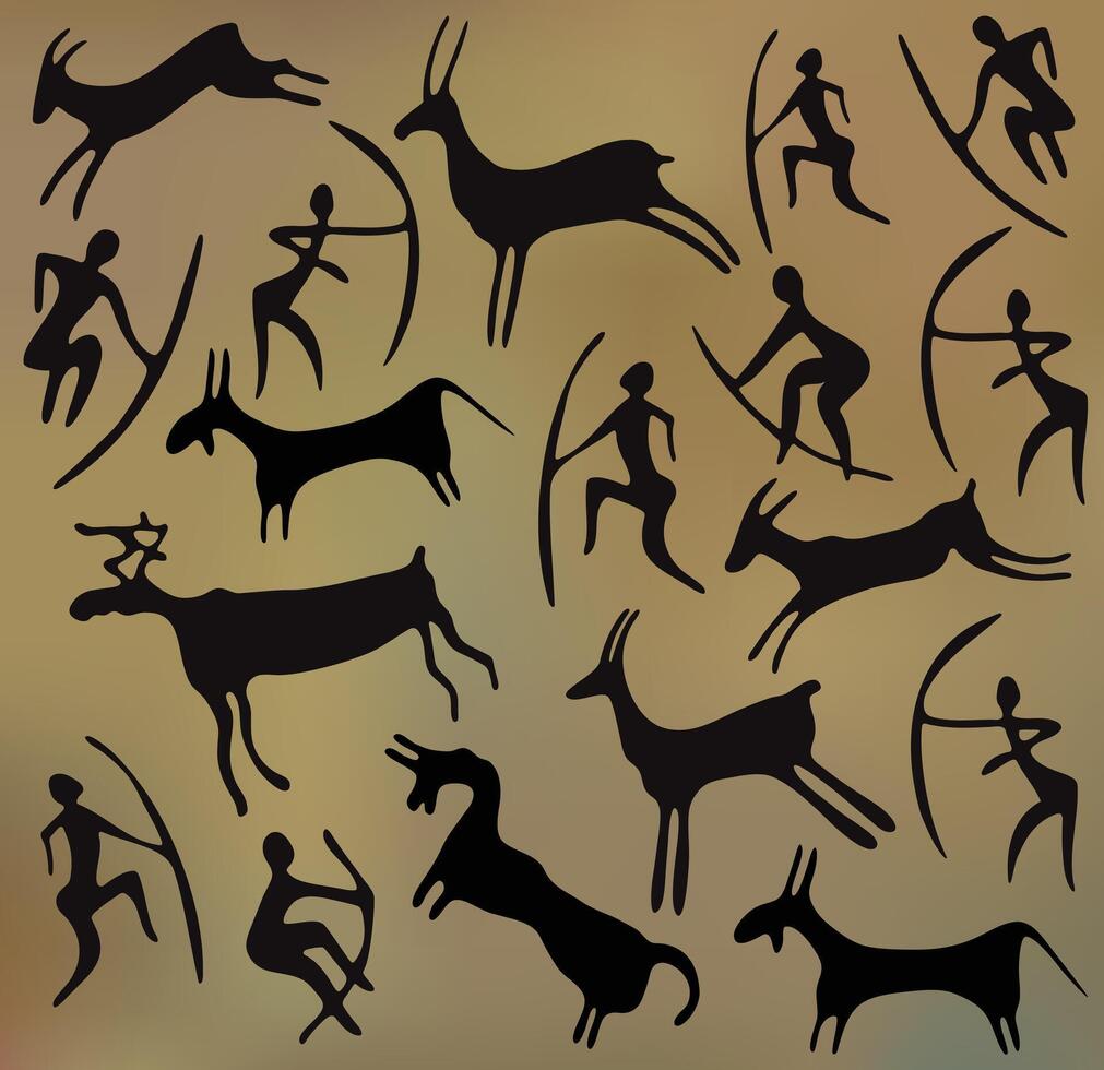Petroglyphs. background with various petroglyph elements vector