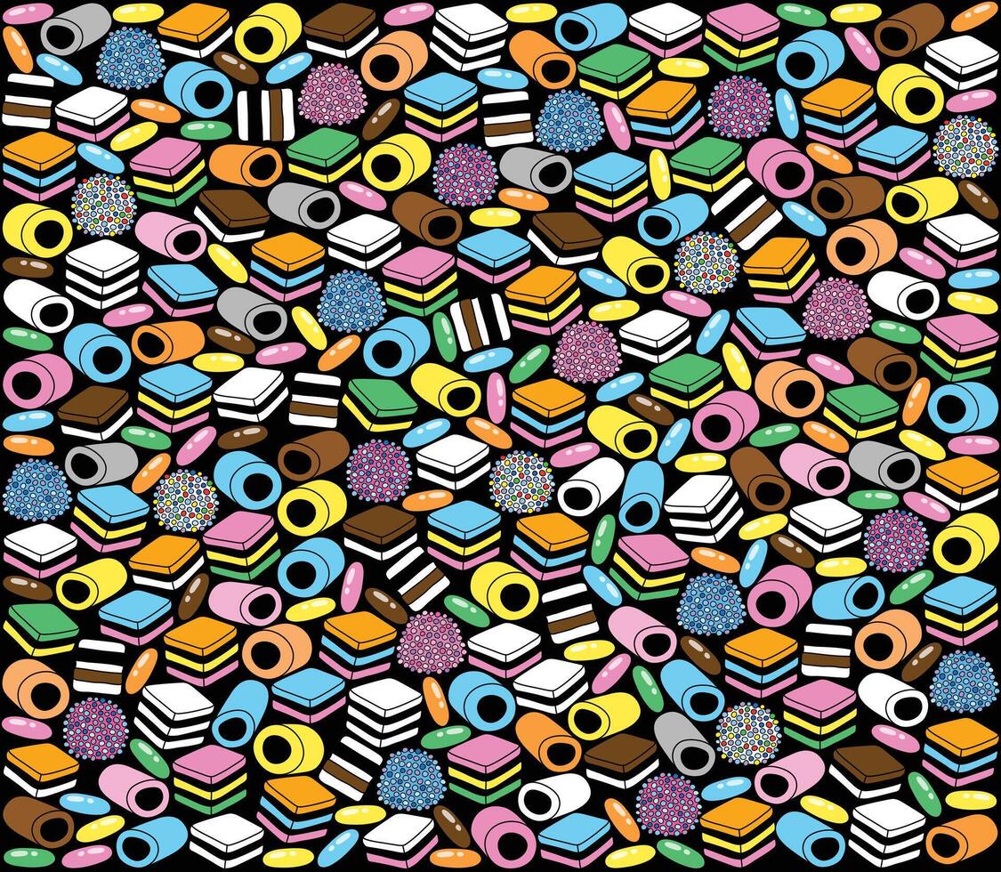 Liquorice candy lack background. Assorted licorice candies on black background vector