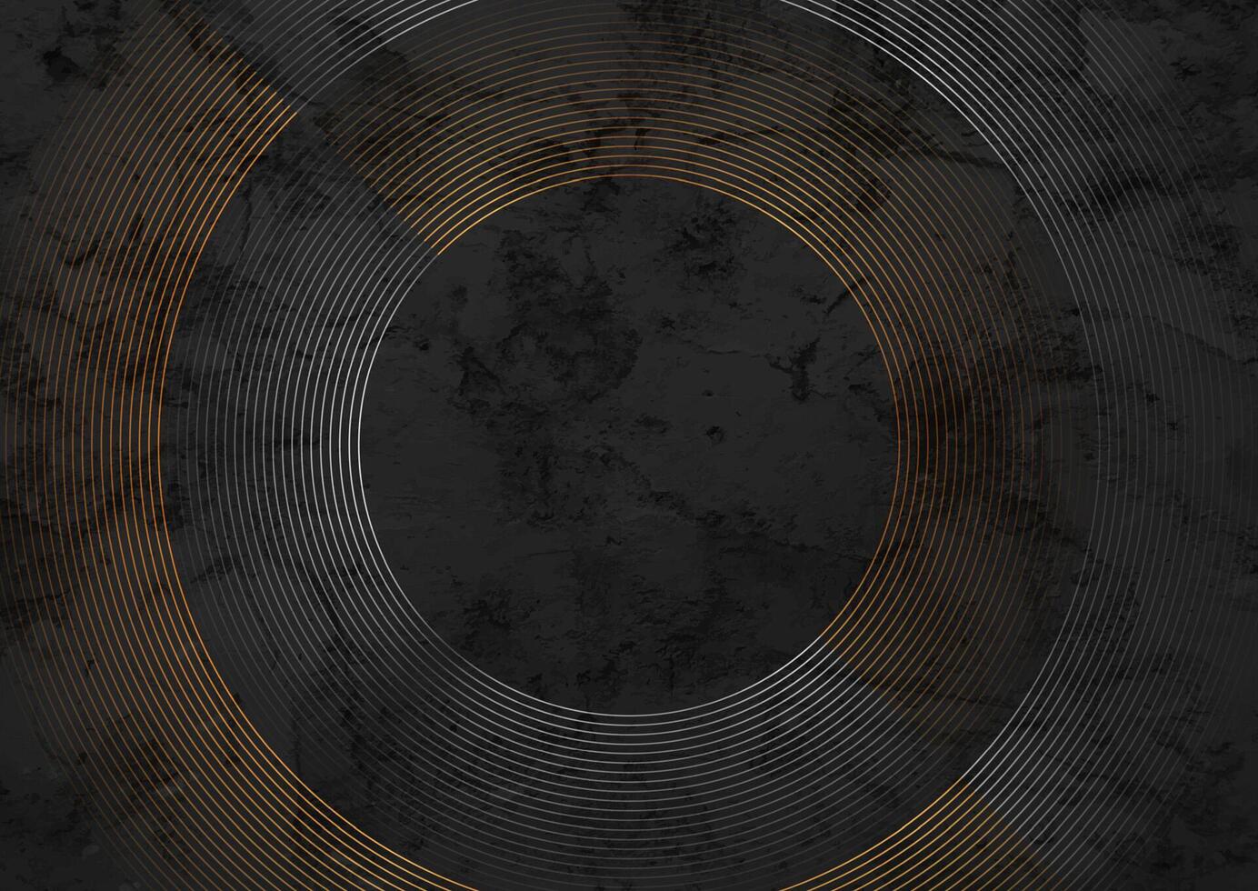 Golden and silver circles on black grunge background vector