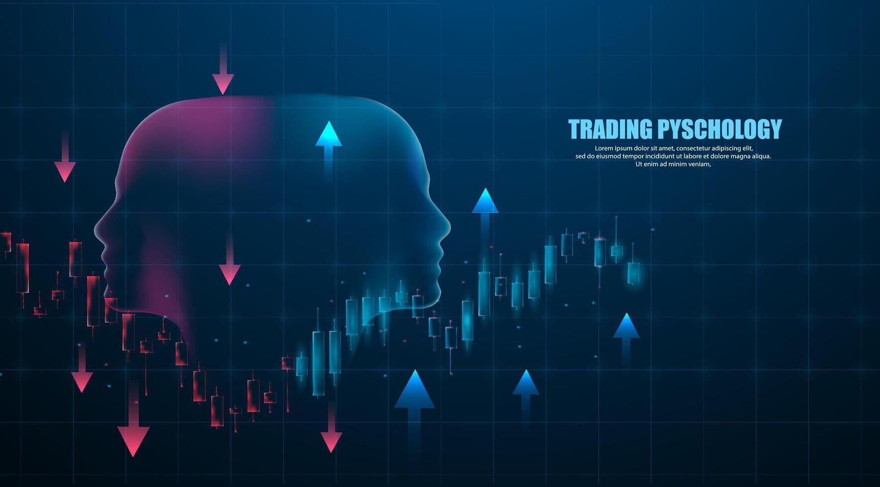 Trading psychology concept. two head condition calm and angry, candle bear and bull. Trading background vector