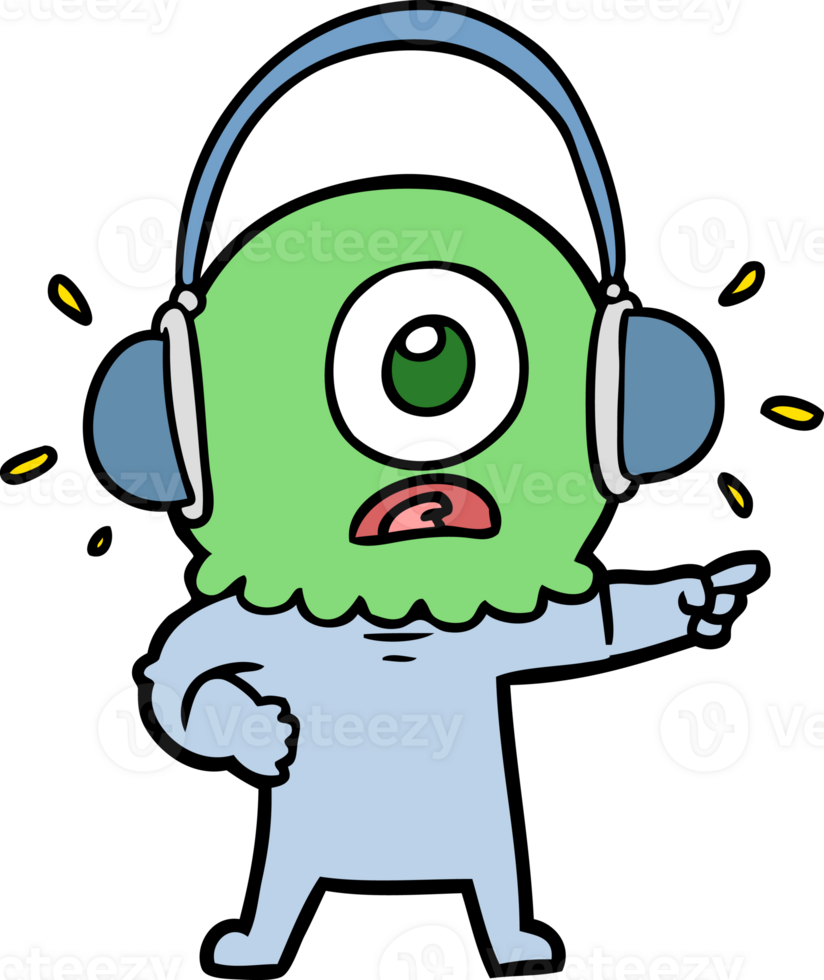 cartoon cyclops alien spaceman pointing wearing headphones drawing png