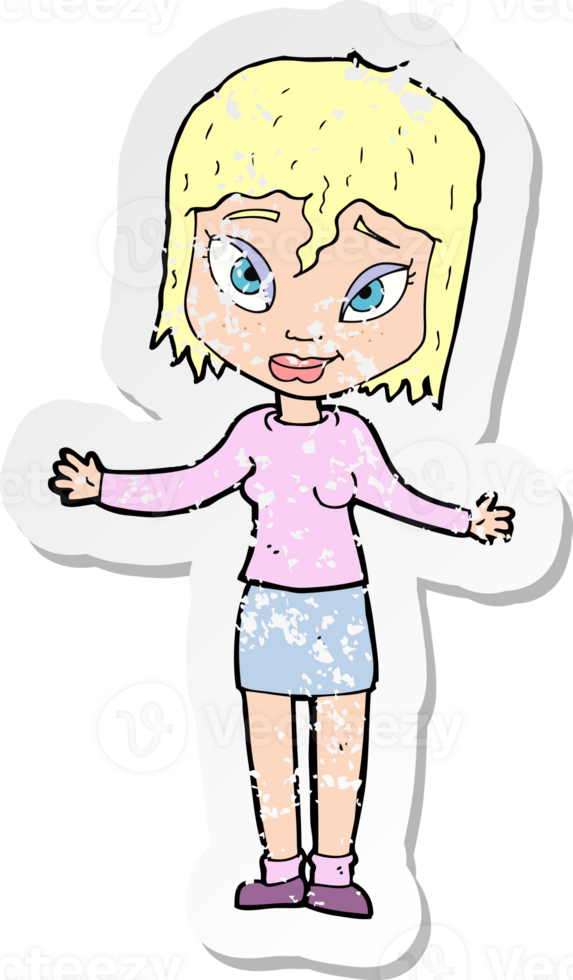 retro distressed sticker of a cartoon woman shrugging shoulders drawing png