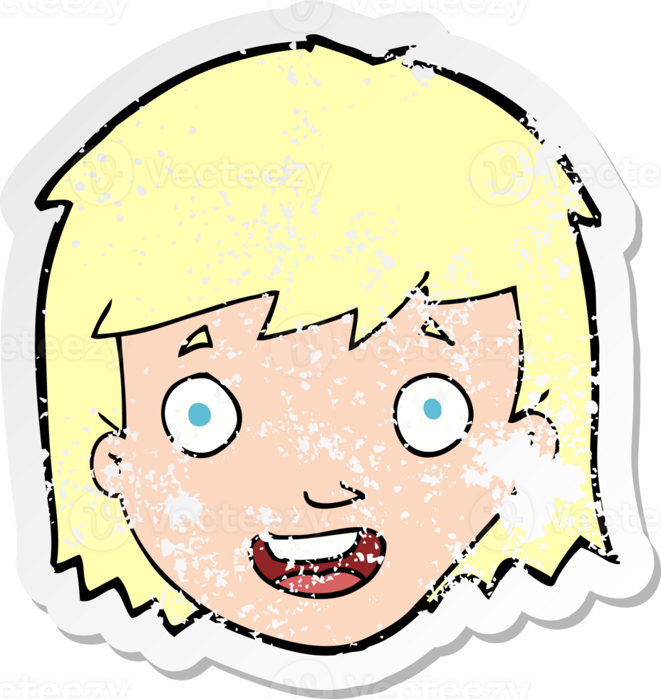 retro distressed sticker of a cartoon happy female face drawing png