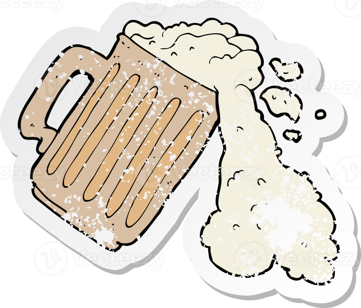 retro distressed sticker of a cartoon mug of beer drawing png