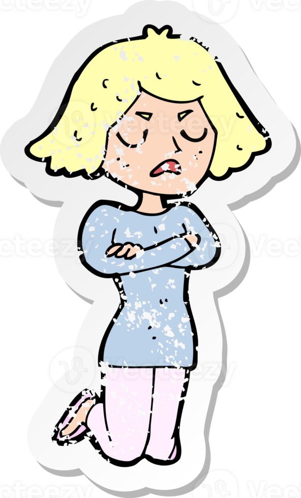 retro distressed sticker of a cartoon annoyed woman drawing png