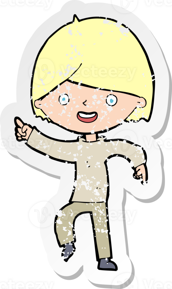 retro distressed sticker of a cartoon man pointing drawing png