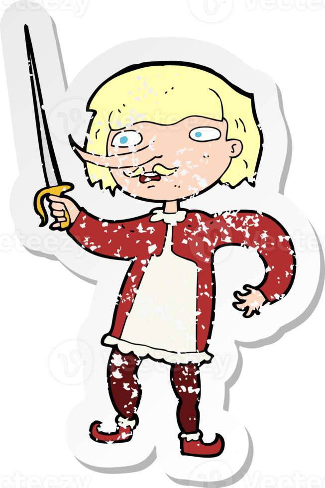retro distressed sticker of a cartoon musketeer drawing png