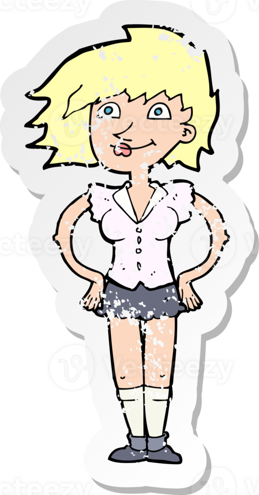 retro distressed sticker of a cartoon woman with hands on hips drawing png