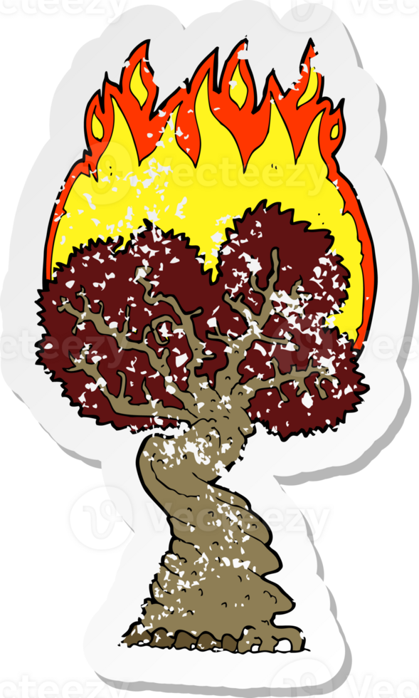 retro distressed sticker of a cartoon burning tree drawing png