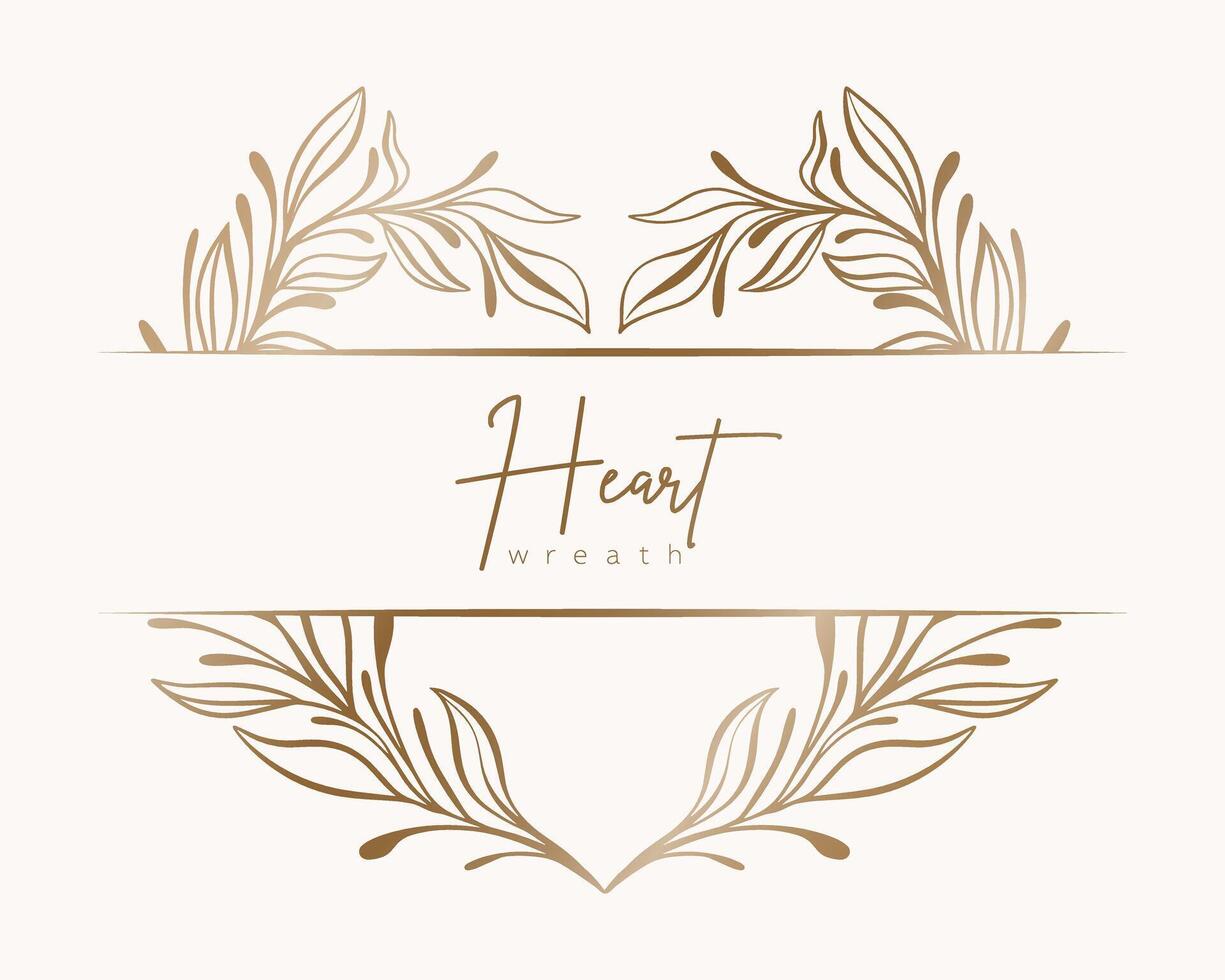 Hand drawn gold floral heart wreath and leaves. Flower branch botanical frame for monogram, wedding logo, invitation, postcard, and more. Vintage ornament illustration isolated on white background. vector
