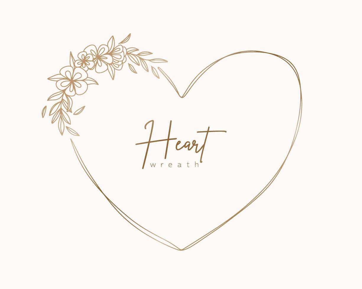 Hand drawn gold floral heart wreath and leaves. Flower branch botanical frame for monogram, wedding logo, invitation, postcard, and more. Vintage ornament illustration isolated on white background. vector