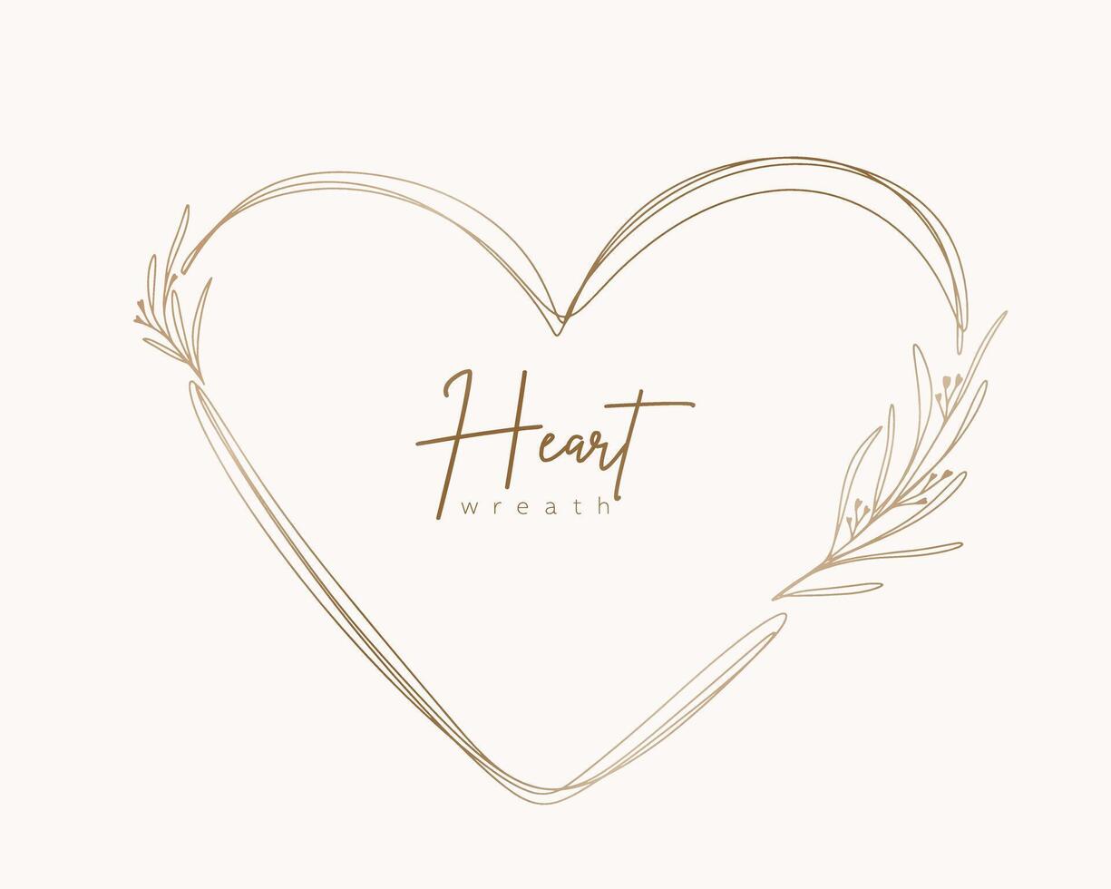 Hand drawn gold floral heart wreath and leaves. Flower branch botanical frame for monogram, wedding logo, invitation, postcard, and more. Vintage ornament illustration isolated on white background. vector
