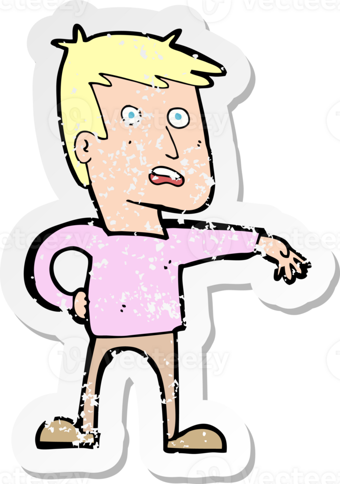 retro distressed sticker of a cartoon man making camp gesture drawing png