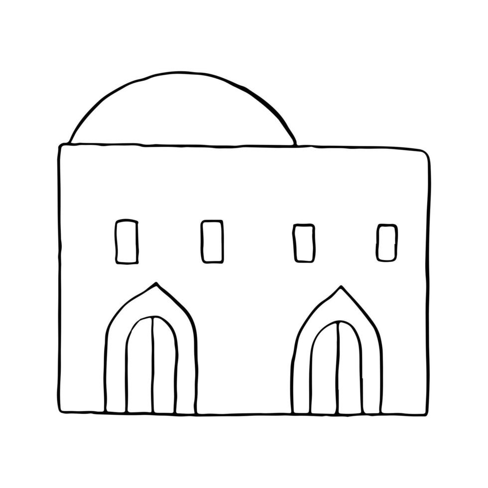 Black and white Arabic house illustration. Simple flat traditional Islamic Middle East architecture front with windows and doors. Ancient line hut with dome vector