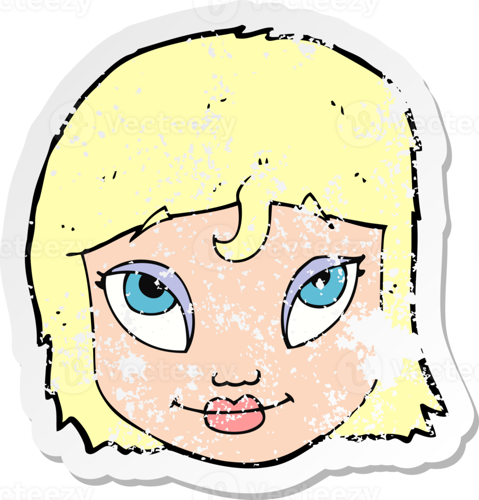 retro distressed sticker of a cartoon woman smiling drawing png