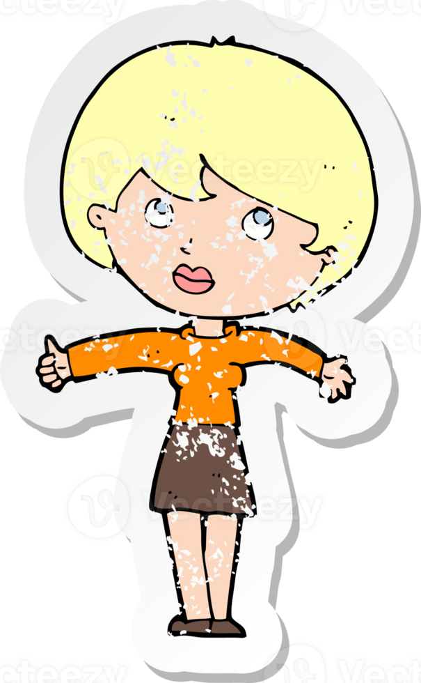retro distressed sticker of a cartoon woman giving thumbs up drawing png
