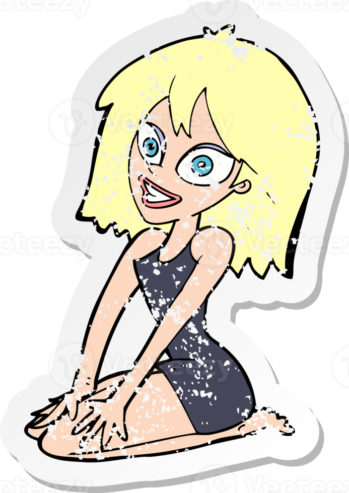 retro distressed sticker of a cartoon happy woman in dress drawing png