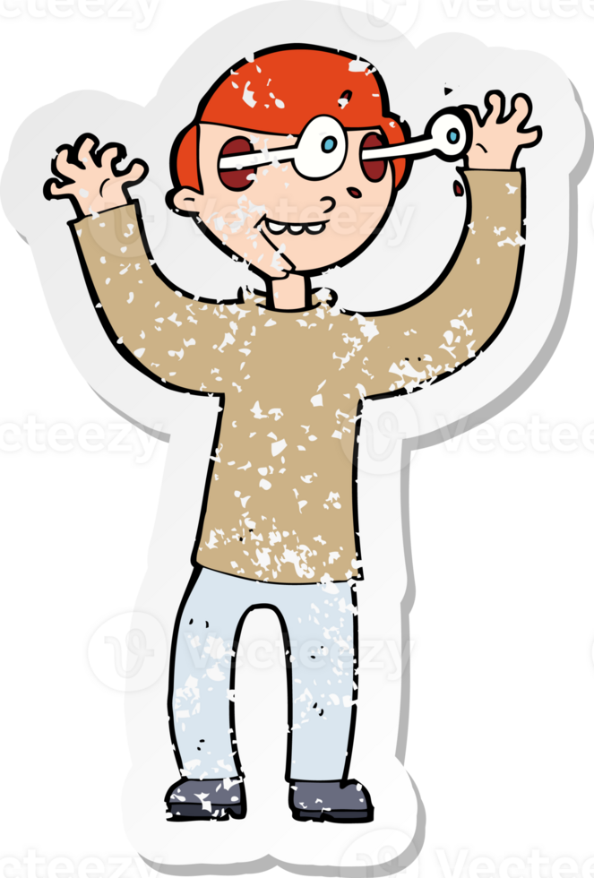 retro distressed sticker of a cartoon man with eyes popping out of head drawing png