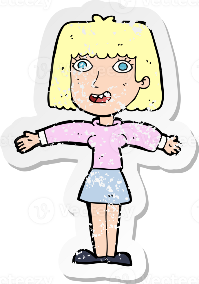 retro distressed sticker of a cartoon excited woman drawing png