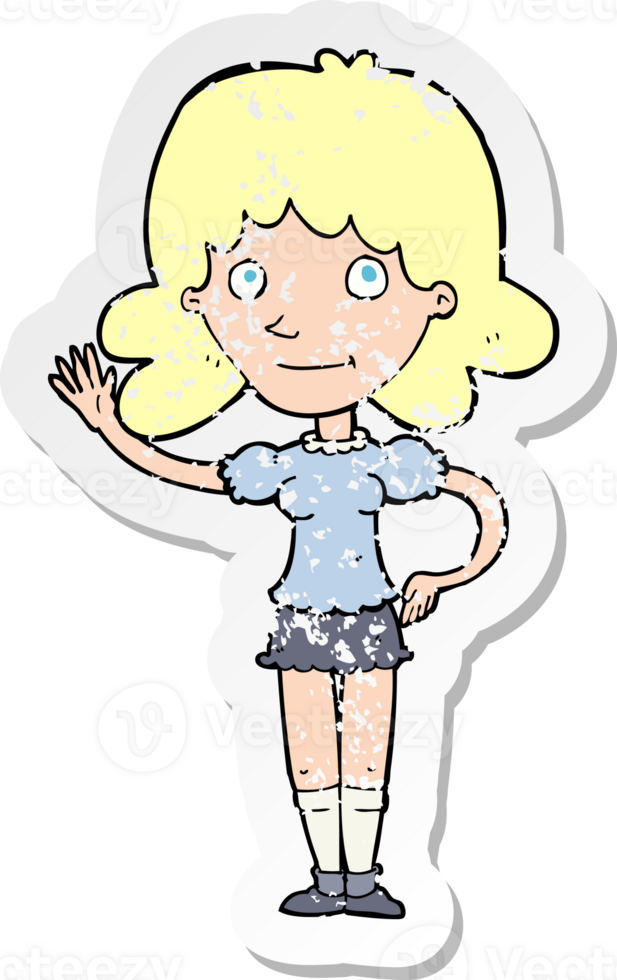 retro distressed sticker of a cartoon woman waving drawing png