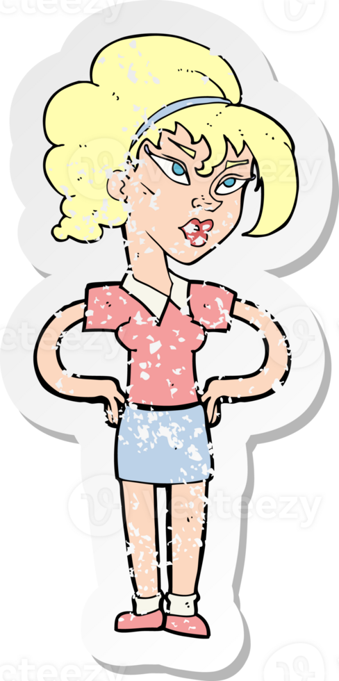 retro distressed sticker of a cartoon woman with hands on hips drawing png