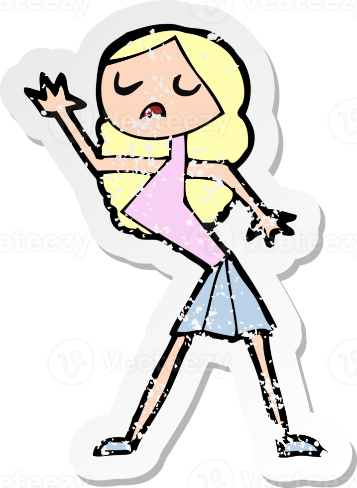 retro distressed sticker of a cartoon woman dancing drawing png