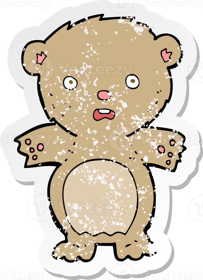 retro distressed sticker of a frightened teddy bear cartoon drawing png