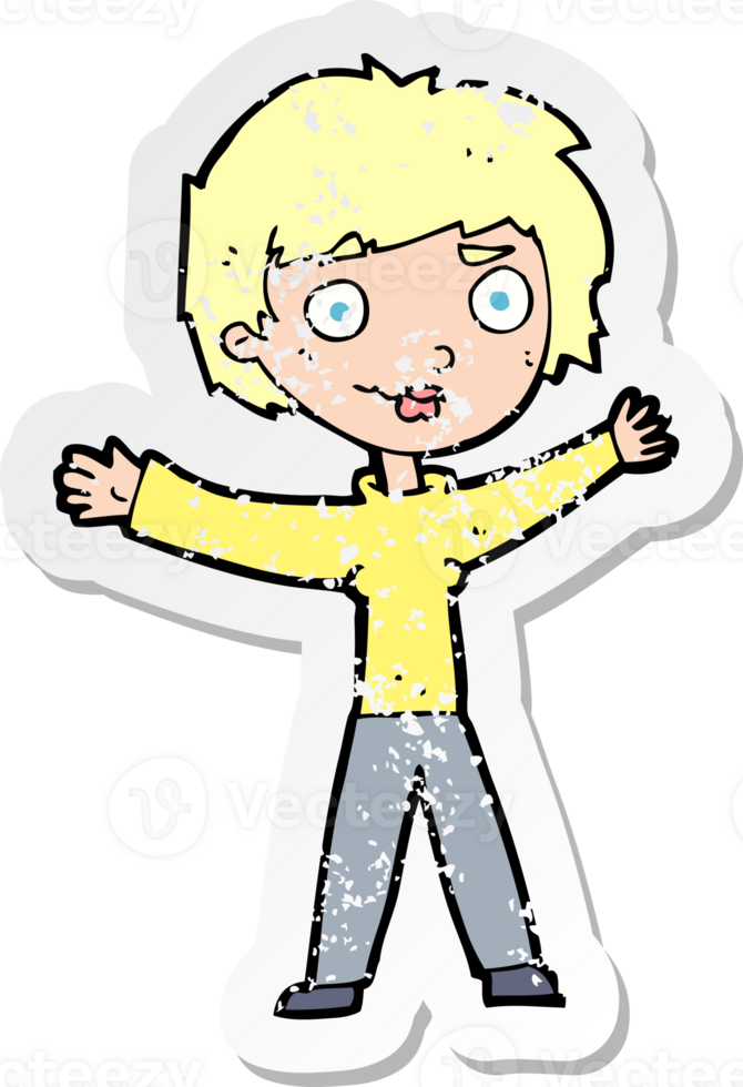 retro distressed sticker of a cartoon woman waving arms drawing png