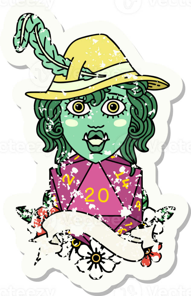 grunge sticker of a singing half orc bard character with natural twenty dice roll drawing png