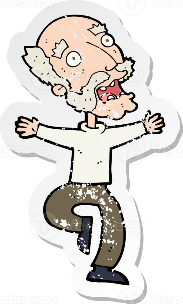 retro distressed sticker of a cartoon old man having a fright drawing png