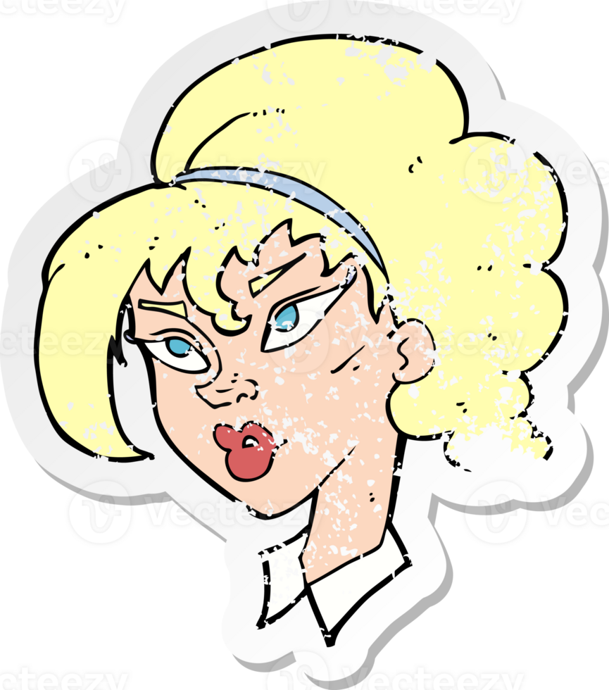 retro distressed sticker of a cartoon pretty woman drawing png
