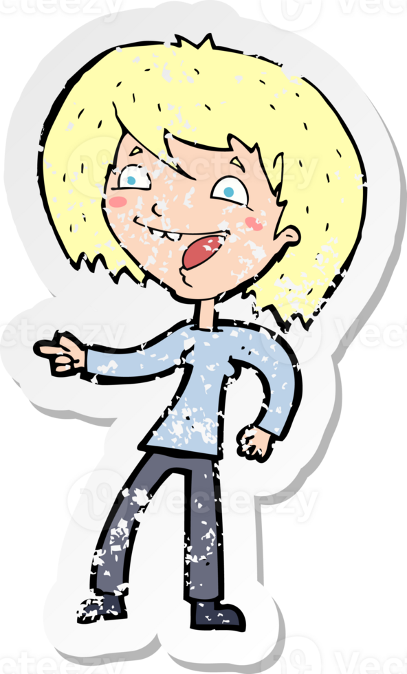 retro distressed sticker of a cartoon woman laughing and pointing drawing png