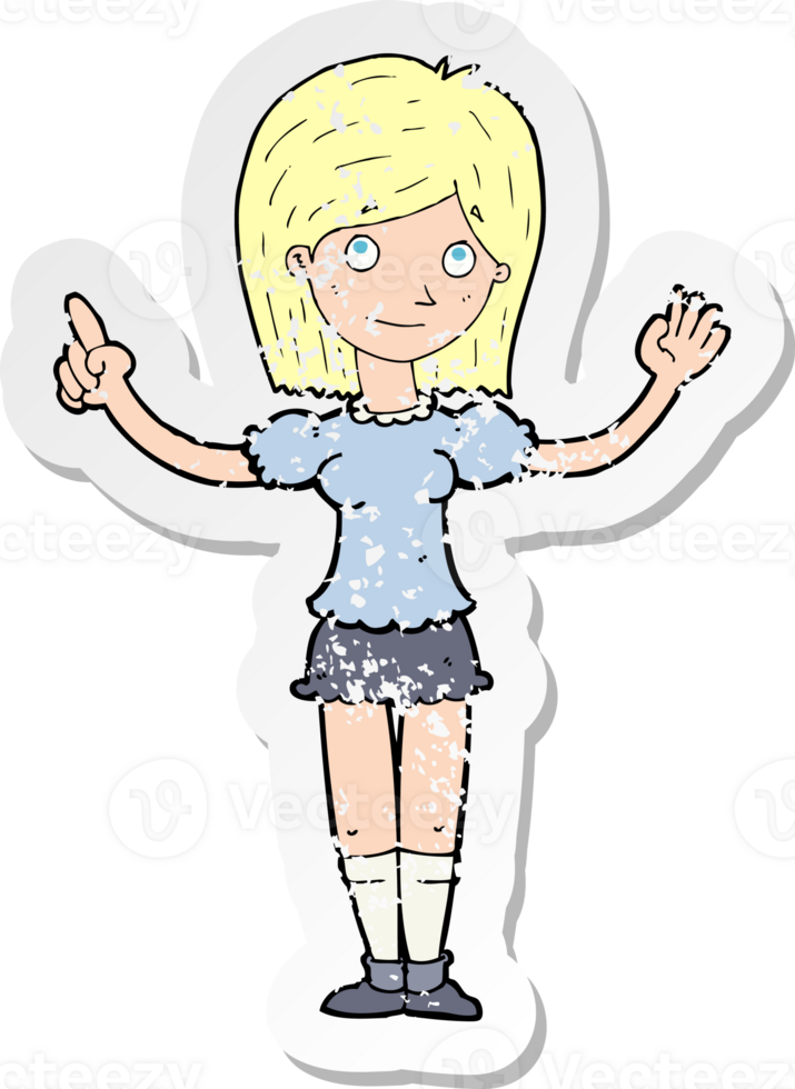 retro distressed sticker of a cartoon woman explaining idea drawing png